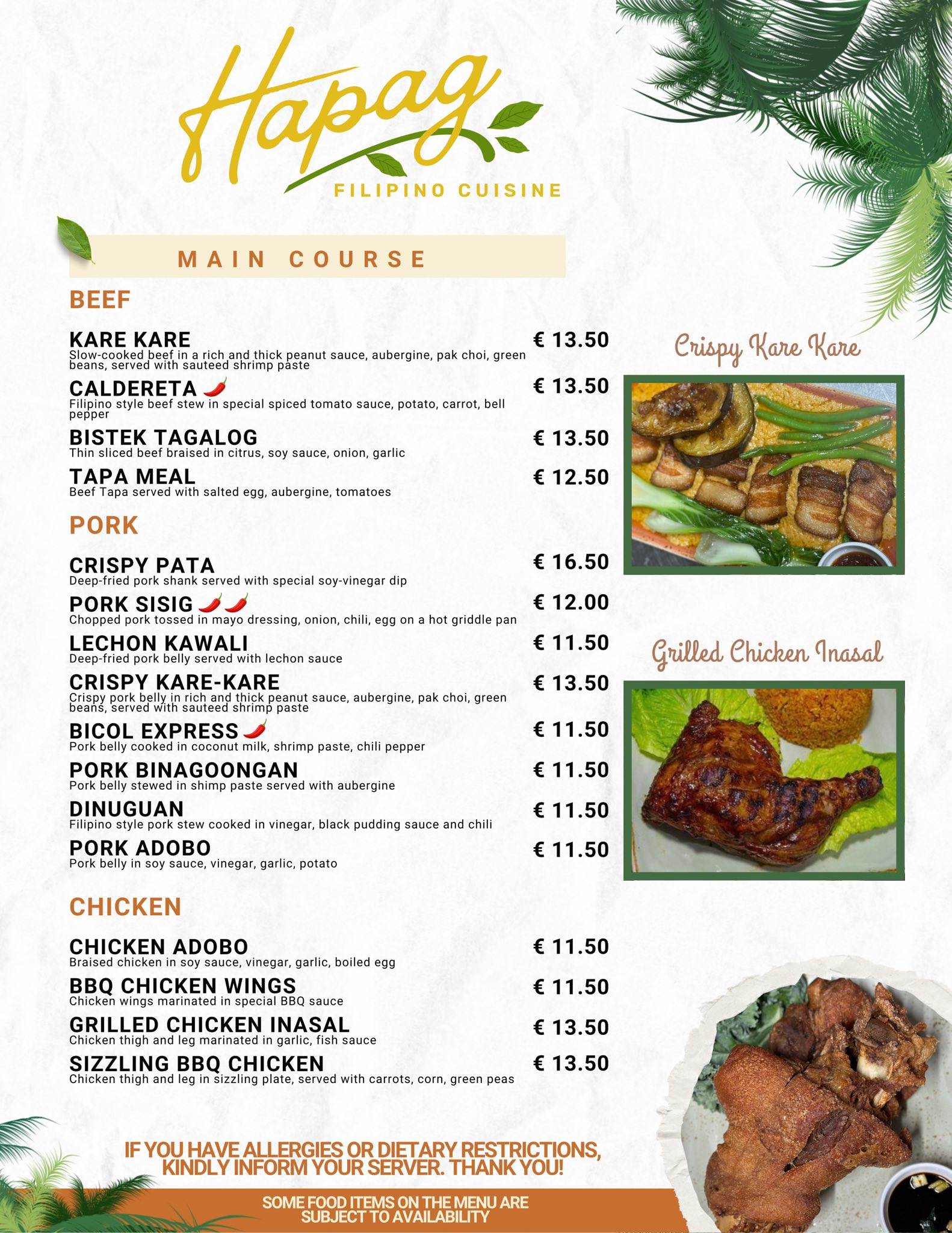 Hapag beef, pork, and chicken menu